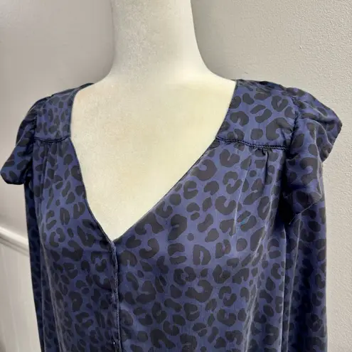 Marine layer  Rory Long Sleeve Ruffle Blouse Cheetah Leopard Print Blue Medium M