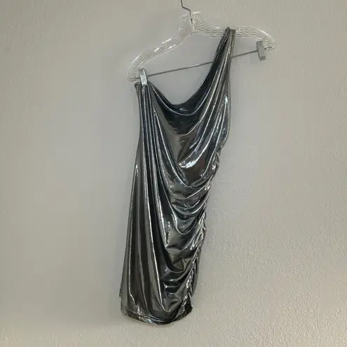 Cider Silver One Shoulder Ruched Metallic Party Mini Dress costume Women's L