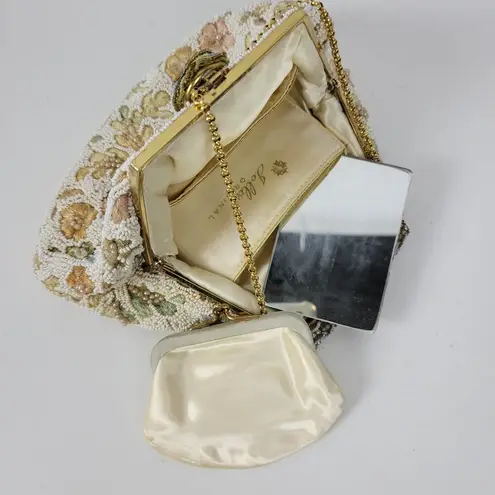 Vintage Womens Change Purse Bag Cream Beaded Floral Embroidery Handbag w/ Mirro