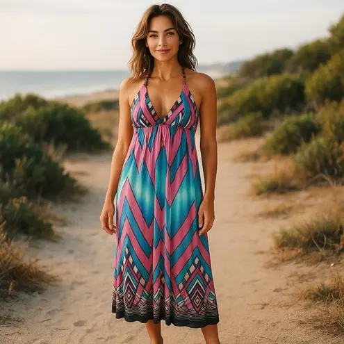 Boutique Boho Beaded Passion4Fashion Maxi Sundress Open Back Pink Blue Size Large