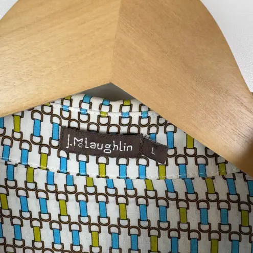 J McLaughlin 100% Silk Button Down Blouse Large Buckle Long Sleeve Lightweight Blue - Image 4