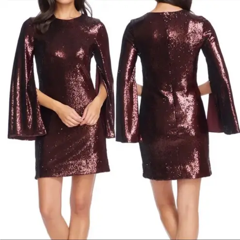 Dress the Population Maroon Port Liza Cape Sleeve Sequin Mini Dress Medium NEW