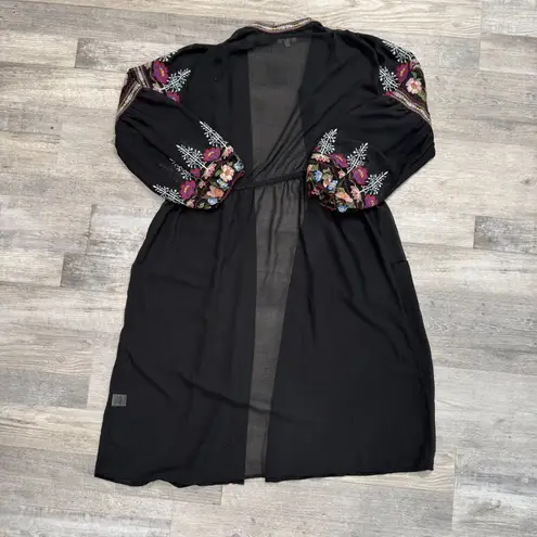 Umgee  Black Sheer Floral Embroidered Open Front Duster K37