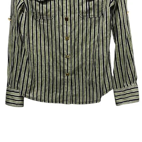 Tory Burch  Womens Sz 8 Striped Navy Green Button Down Shirt Cotton Gold Buttons