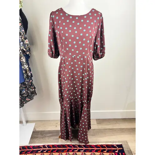 Bobeau Size Medium Dara Printed Dress Brown Green Polka Dots Hourglass Midi