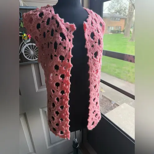 Vintage handmade 70/80s pink crochet open weave tunic vest, one size