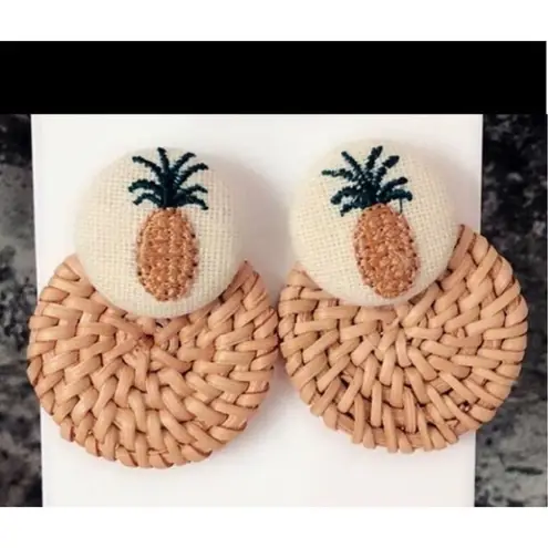 New Owls Nest Jewelry Pineapple Linen & Bamboo Raffia Drop Summer Earrings White