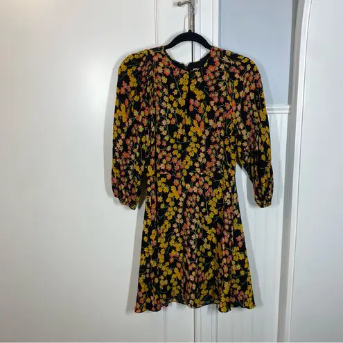 Whistles Daisy Ester Floral Dress size 6 Keyhole Neckline Fit & Flare viscose Gold