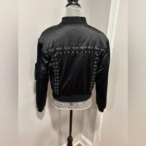 SEEK the Label Women’s Seek Sz: S black satin bomber jacket corset-style lace-up back.