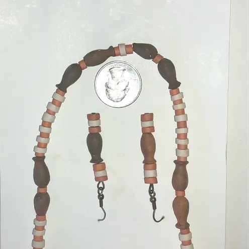 MAKU Brown and Cream Pottery Beaded Boho Necklace and Earring Set