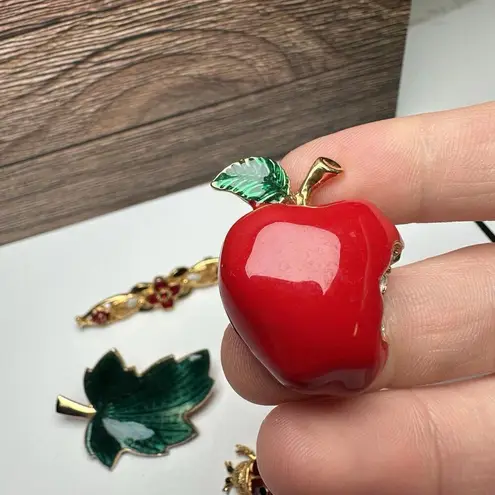 Green Leaf, Red Apple, Ladybug Bug, Flower Bar Enamel Brooch Pin Lot Of 4 Gold