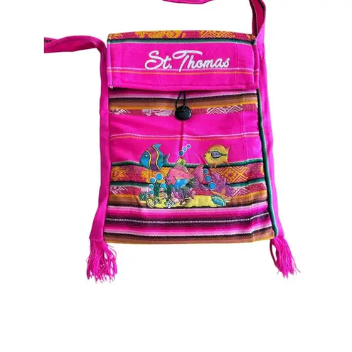 St. Thomas Pink Woven Crossbody Bag Embroidered Fish Design & Fringe Accents