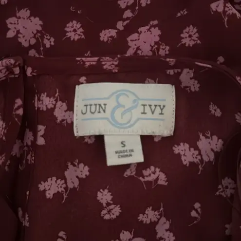 Jun & Ivy Maroon Floral Godet Mini Flounce Dress in Pink and Maroon