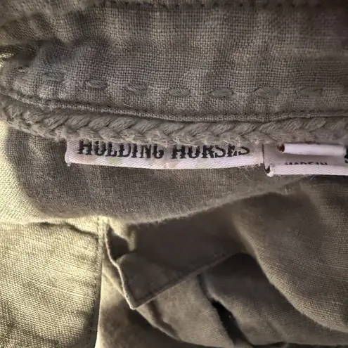 Holding Horses Womens Green 100% Linen LS Button Blouse M Festival Boho Cottage