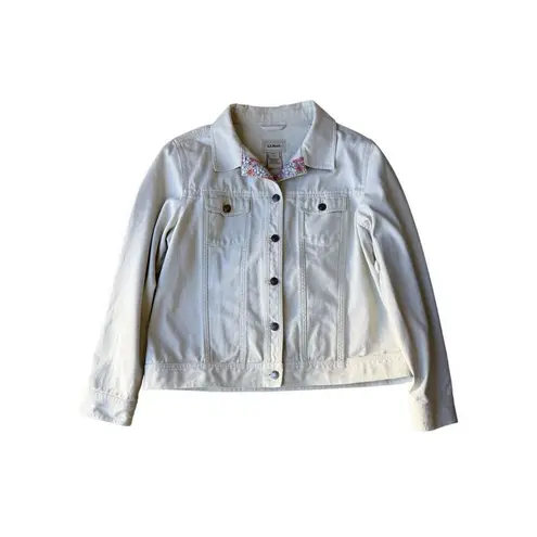 Vintage L.L Bean 100% Cotton Beige/Cream Denim Jacket With Floral Trim Tan Size L
