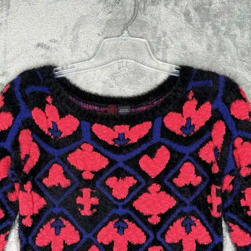 Desigual Sweater Women Small Pink Black Fuzzy Fleur de Lis Casual Colorful Artsy
