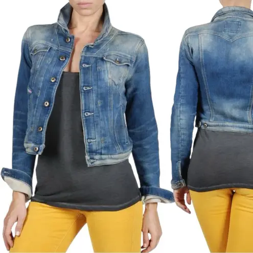 Diesel Fringi NE Denim Jean Jacket Women’s Small Leather Logo Stretch Fitted Y2K