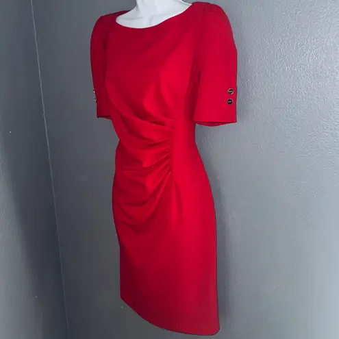 DKNY Ruched Sheath Short Sleeve Knee Length Party Formal Red Dress Womens Large