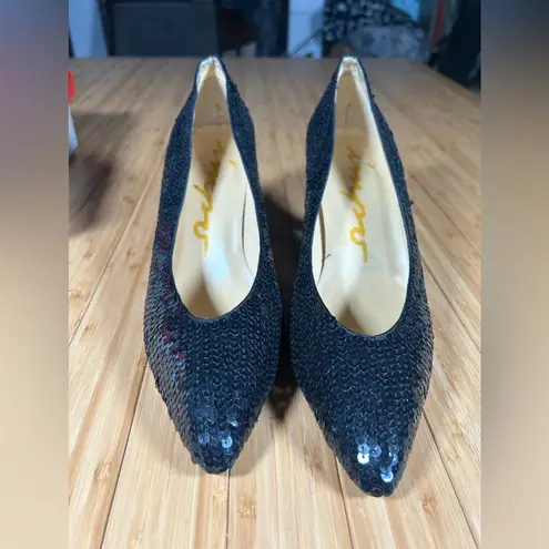 Impo Vintage 90’s Pointed Toe Black Sequin Heels Size 9.5