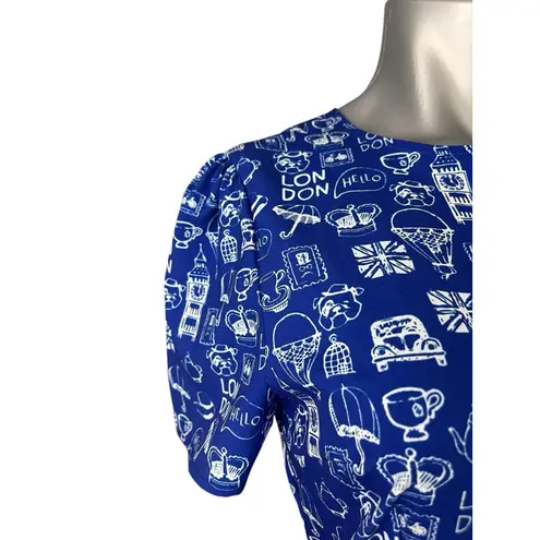 Blue White London Dress Short Sleeve Fit And Flare Midi Small Artsy All Over