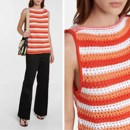Victoria Beckham Red Orange White Stripe Cotton Blend Sleeveless Knit Sweater