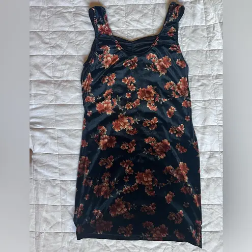Free Press Black Orange Floral Velvet Ruche Scrunch Mini Dress Whimsigoth -Large