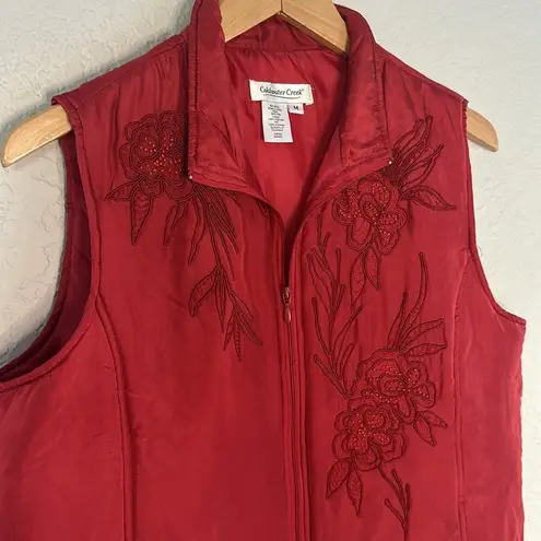 Coldwater Creek Red Silk Puffer Vest Full Zip Embroidered Winter Sporty Preppy