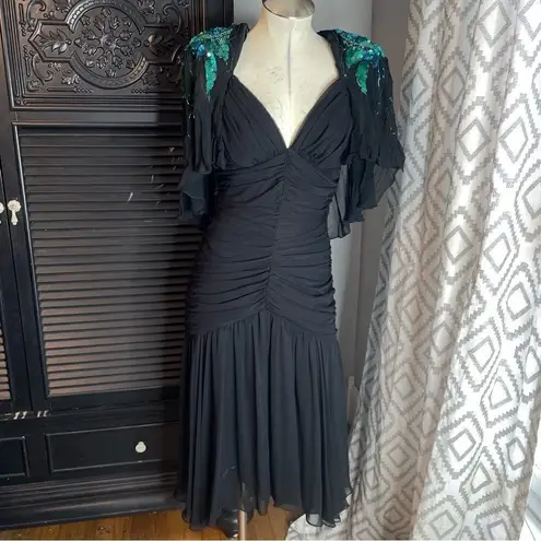 Casadei 1980s Black Ruched Turquoise Sequined Gatsby Deco Flapper Dress Cape 12