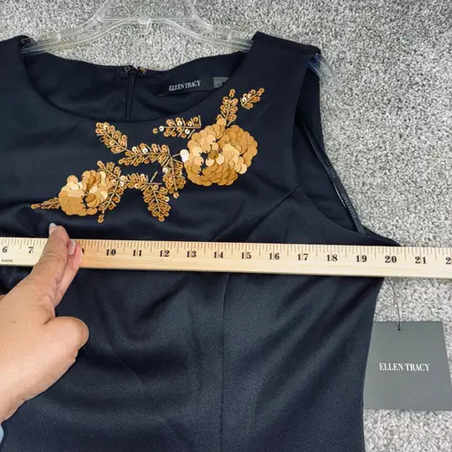 Ellen Tracy Womens 14 Black Sleeveless Sheath Dress With Gold Floral Detail