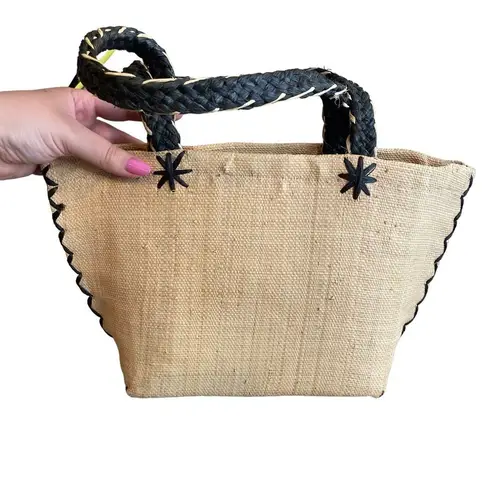 Annabel Ingal 100% Raffia Tote Bag Tan With Black Handles Handmade in Madagascar