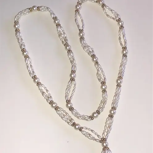 Elegant Vintage White Faux Pearl Gold Tone Beaded Boho Tassel Fringe Necklace