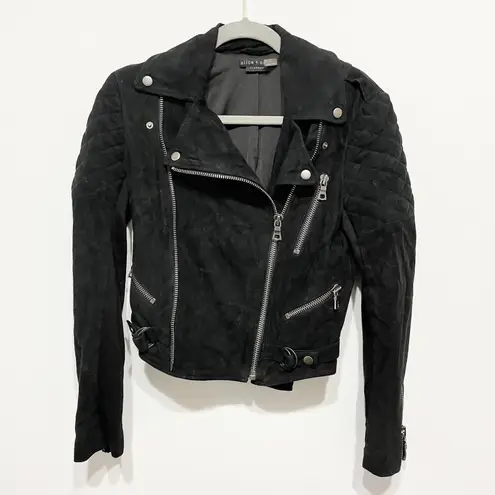 Alice + Olivia Miles Genuine Goat Suede Leather Quilted Zip Moto Jacket Black S