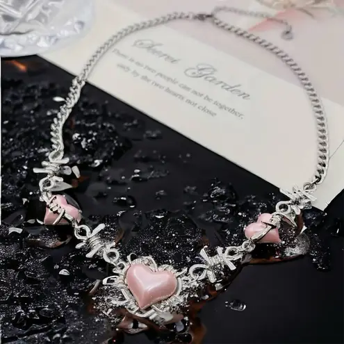 Creative Pink Love Heart Silver Plated Chain Necklace Punk Y2K Style‎ Neck