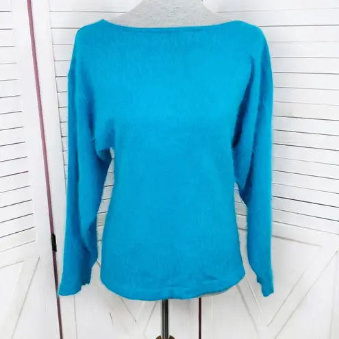 Vintage 80s Stephan Andrews V Back Angora Fuzzy Knit Sweater Turquoise Medium Blue