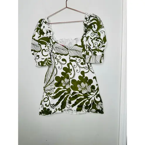 LA DOUBLEJ Green White Printed Puffed Sleeves Square Neckline Mini Dress Size L Size L