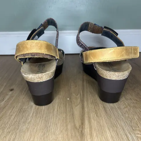 NAOT Women 39 EU 8.5 US Sandals Blue Tan Leather Strappy Wedge Adjustable Buckle