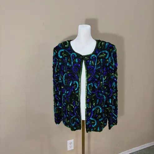 Vtg Stenay Womens Multi Colored Sequined and Beaded Cardigan Retro Funky Hippie Blue Size L