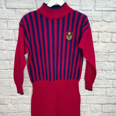 Vintage Plain Jane Sweater Dress Magenta Pink Blue Stripe Size M Crest Mock Size M