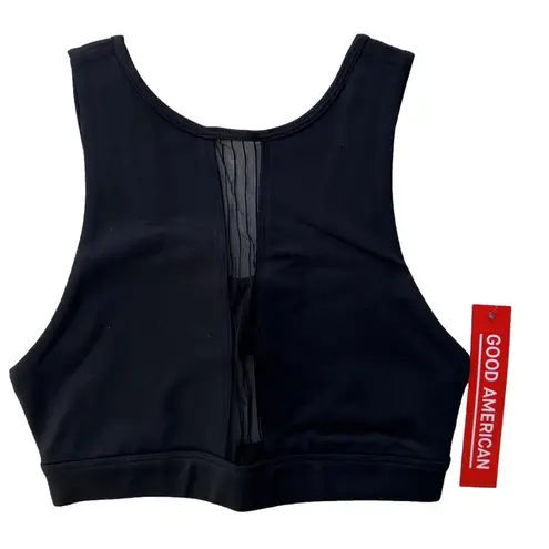 Good American black pin tuck mesh sports bra | open cut out back | mesh accent