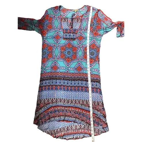 Democracy boho medallion teal and off red orangish paisley print 3/4 sleeves wit