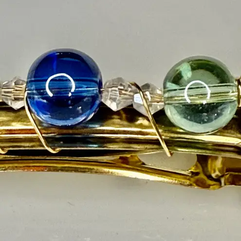 Hand Crafted Blue & Green Round Bead & Clear Crystals Gold Tone Hair Clip