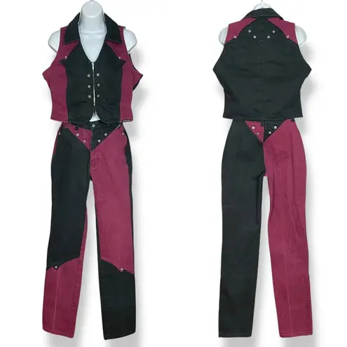 Vintage Western Ethics Jeans Vest Top Pants Country Maroon Black Women Two Tone Red Size undefined