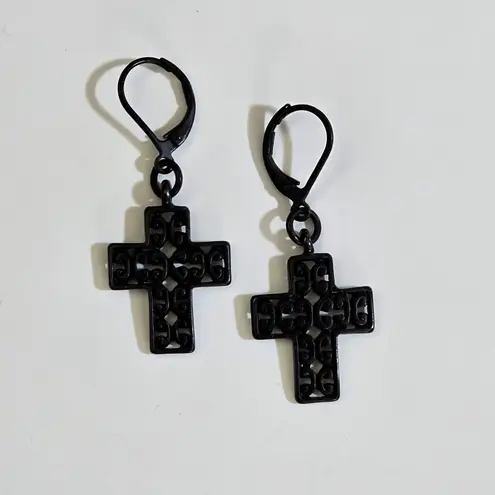 Whimsigoth Black Filigree Cross Dangle Earrings