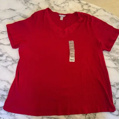 White Stag NWT V-Neck T-Shirt Red 2X (18W-20W) | Embroidered Neckline Plus Size