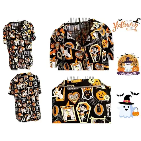Munki Munki Halloween Pajama Top Large Short Sleeves Button Werewolf Witch Ghost