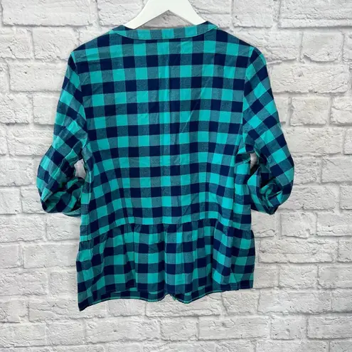 Vineyard Vines  Blue Plaid Button Down Flannel Shirt Size 12 Peplum Hem Roll Tab