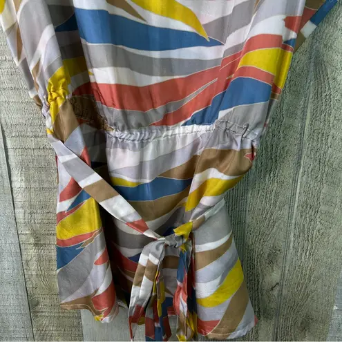 Doncaster 100% Silk 1W Multicolored Sleeveless Top Tie Neck Cinched Tie Waist