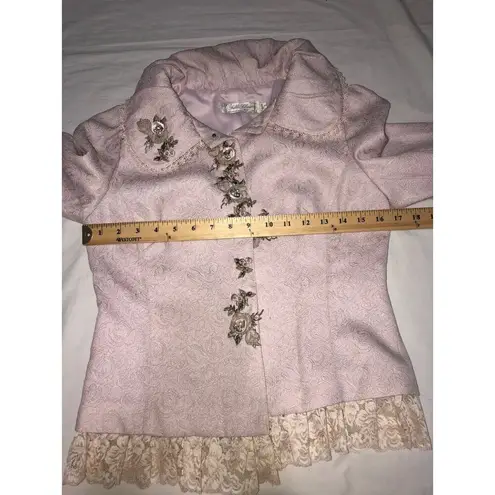 Fille Clair Pink Floral Jacquard Embroidered Jacket Size S Lace Trim Grannycore