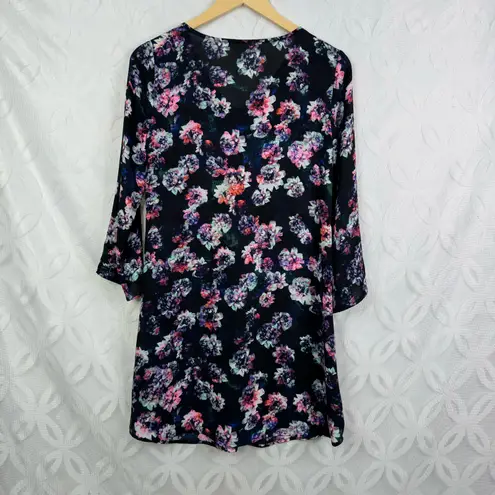 Decree Black Floral Sheer Pleated Roll 3/4 Sleeve Shift Dress Size S