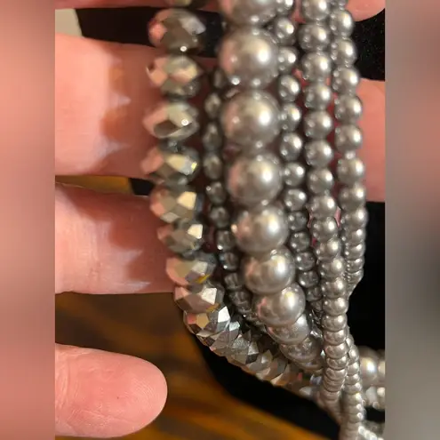 Grey Pearl and Beaded Necklace multiple strands and sizes faux pearls and beads Silver